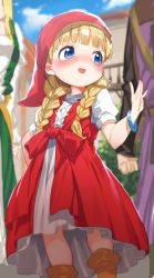 Rule 34 | 1girl, :d, bangle, blonde hair, blue eyes, blue sky, blurry, blurry background, blush, bow, bracelet, braid, cloud, day, depth of field, dragon quest, dragon quest xi, dress, green dress, hair tie, hat, highres, jewelry, juliet sleeves, long hair, long sleeves, looking away, looking to the side, low twintails, nose blush, open mouth, outdoors, puffy short sleeves, puffy sleeves, red dress, red hat, short sleeves, sky, smile, solo focus, sweat, tousaki shiina, twin braids, twintails, veronica (dq11), waist bow, white dress