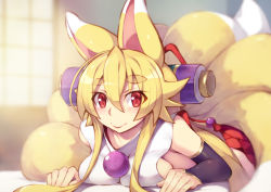 Rule 34 | 1girl, animal ears, blonde hair, breasts, closed mouth, fox ears, fox girl, fox tail, hair between eyes, izuna (shinrabanshou), large breasts, looking at viewer, lying, multiple tails, on stomach, red eyes, saru 000, shinrabanshou, smile, solo, tail, thick eyebrows