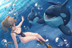 Rule 34 | 1girl, 2others, air bubble, animal ears, arukiru, black one-piece swimsuit, breasts, bubble, casual one-piece swimsuit, cat ears, cat tail, cleavage, commentary request, diving mask, flippers, freediving, full body, goggles, highres, large breasts, multiple others, one-piece swimsuit, orca, original, swimsuit, tail, underwater, underwear, underwear only
