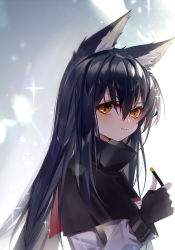 Rule 34 | 1girl, :t, animal ear fluff, animal ears, arknights, baocaizi, black capelet, black gloves, black hair, blush, brown eyes, capelet, closed mouth, fingerless gloves, gloves, hair between eyes, highres, holding, jacket, long hair, long sleeves, looking at viewer, looking to the side, solo, sparkle, texas (arknights), upper body, very long hair, white jacket