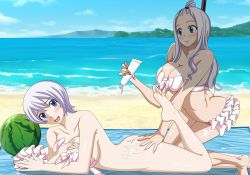 Rule 34 | 2girls, absurdres, ass, ass grab, beach, bikini, blue sky, breasts, butt crack, cleavage, fairy tail, highres, huge breasts, large breasts, lisanna strauss, long hair, lotion, mirajane strauss, multiple girls, ocean, outdoors, silver hair, sky, sunscreen, swimsuit, water