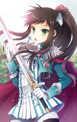 Rule 34 | 1girl, brown hair, cape, cross, cross earrings, earrings, epaulettes, gloves, green eyes, holding, jacket, jewelry, long hair, mauve, open mouth, pantyhose, ponytail, rosary, solo, striped, sword, sword girls, weapon, white pantyhose