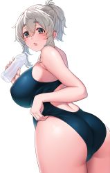 Rule 34 | 1girl, :o, absurdres, ass, bottle, breasts, brown eyes, competition swimsuit, covered erect nipples, curvy, dot nose, from behind, grey hair, hair between eyes, highres, holding, holding bottle, huge breasts, large breasts, looking at viewer, looking back, one-piece swimsuit, open mouth, original, ponytail, simple background, solo, standing, suruga (xsurugax), swimsuit, water bottle, white background
