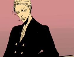 Rule 34 | 1boy, cigarette, color background, eyebrows, formal, male focus, necktie, one piece, pink background, sanji (one piece), smoking, solo, suit