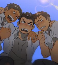 Rule 34 | 3boys, black hair, blue sky, blush, brown hair, clenched hand, day, from below, hand on own chin, huddle, kneeling, lens flare, looking at another, male focus, multiple boys, open mouth, original, sagami jon, school uniform, sky, smile, stroking own chin, surprised