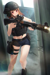 Rule 34 | 1girl, absurdres, ammunition, ammunition pouch, benelli m4 super 90, black headwear, black shirt, blue shorts, boots, brown hair, buckle, casing ejection, chest rig, combat helmet, commentary, commission, cross-laced footwear, denim, denim shorts, english commentary, enpera (jdud8375), feet out of frame, flashlight, gun, helmet, highres, lace-up boots, lens flare, optical sight, original, pouch, red eyes, shell casing, shirt, shorts, shotgun, shotgun shell, shotgun slug, sleeveless, sleeveless shirt, smile, snap-fit buckle, solo, weapon