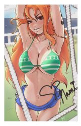 Rule 34 | 1girl, absurdres, armpits, arms up, bikini, bikini top only, border, breasts, brown eyes, character name, cleavage, cowboy shot, earrings, eyebrows, freckles, highres, jewelry, large breasts, long hair, looking at viewer, nami (one piece), navel, nose, one piece, orange hair, short shorts, shorts, solo, swimsuit, tattoo, thigh gap, underboob, white border