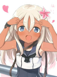 Rule 34 | 10s, 1girl, :d, bad id, bad pixiv id, bare shoulders, blonde hair, blue eyes, bracelet, crop top, engiyoshi, flower, hair flower, hair ornament, highres, jewelry, kantai collection, long hair, looking at viewer, neckerchief, open mouth, ro-500 (kancolle), sailor collar, school uniform, simple background, smile, solo, swimsuit, swimsuit under clothes, tan, tanline, tongue, torpedo, upper body, white background