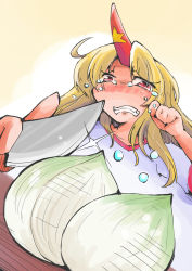 Rule 34 | 1girl, ahoge, blonde hair, clenched teeth, crying, crying with eyes open, dutch angle, fang, glint, gradient background, hand on own face, highres, horns, hoshiguma yuugi, knife, long hair, looking at viewer, onion, red eyes, shinapuu, single horn, slicing, solo, star (symbol), tears, teeth, touhou
