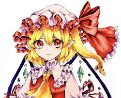 Rule 34 | 1girl, ascot, blonde hair, bow, collar, crystal wings, eyes visible through hair, flandre scarlet, frilled collar, frills, frown, hat, hat bow, highres, looking at viewer, marker (medium), medium hair, mob cap, nt0o8, one side up, pointy ears, portrait, red bow, red eyes, red vest, shirt, solo, touhou, traditional media, vest, white background, white hat, white shirt, yellow ascot