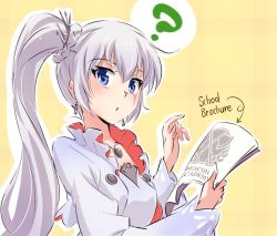 Rule 34 | 1girl, ?, blue eyes, blush, english text, iesupa, looking at viewer, open mouth, rwby, scar, side ponytail, solo, weiss schnee, white hair