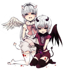 Rule 34 | 1boy, 1girl, angel wings, bad id, bat wings, black lagoon, blood, blue eyes, blush, fingerless gloves, full body, gloves, gretel (black lagoon), hair ribbon, hands on another&#039;s cheek, hansel (black lagoon), holding hands, horns, long hair, looking at viewer, lowres, open mouth, ribbon, siblings, simple background, skirt, smile, tail, thighhighs, twins, white background, white hair, wings, zettai ryouiki