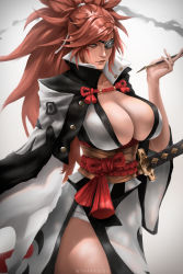 Rule 34 | 1girl, amputee, arc system works, baiken, big hair, black jacket, black kimono, breasts, cleavage, eyepatch, facial tattoo, guilty gear, guilty gear xrd, highres, huge breasts, jacket, jacket on shoulders, japanese clothes, katana, kimono, large breasts, multicolored clothes, multicolored kimono, one-eyed, open clothes, open kimono, pink hair, ponytail, red eyes, samurai, sash, scar, scar across eye, scar on face, smoke, smoking pipe, sword, tattoo, torn sleeve, weapon, white kimono, wtparadise
