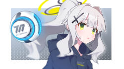 Rule 34 | blue archive, blue hoodie, drone, green eyes, grey background, grey hair, hair ornament, hairpin, halo, hare (blue archive), highres, hood, hoodie, looking at viewer, ponytail, satoh vrc, two-tone background, white background