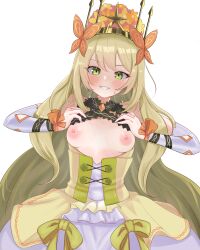 Rule 34 | 1girl, absurdres, bare shoulders, blonde hair, blush, bow, breasts, butterfly hair ornament, celine (fire emblem), crown, detached sleeves, dress, dress bow, fire emblem, fire emblem engage, flashing, flower, green eyes, hair flower, hair ornament, highres, lifted by self, long hair, looking at viewer, narunaru (mimizu), nintendo, nipples, orange bow, small breasts, smile, solo, teeth, very long hair, white background, wrist bow, yellow bow, yellow dress