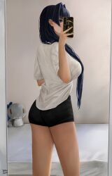 Rule 34 | 1girl, absurdres, alternate costume, artist name, bed, black panties, blue eyes, blue hair, boros (ouro kronii), breasts, casual, cellphone, commentary, dated, english commentary, feet out of frame, from behind, from side, hair down, hair intakes, hand up, highres, holding, holding phone, hololive, hololive english, indoors, large breasts, long hair, looking at viewer, midriff, mirror, navel, ouro kronii, panties, phone, profile, reflection, selfie, shirt, short sleeves, smartphone, solo, standing, steb, stuffed toy, t-shirt, underwear, virtual youtuber, white shirt