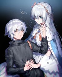 Rule 34 | 1boy, 1girl, anastasia (fate), bags under eyes, blue eyes, cloak, command spell, commentary, eye contact, fate/grand order, fate (series), hair between eyes, hairband, hand grab, hand on another&#039;s chin, jewelry, kadoc zemlupus, kuga huna, lipstick, long hair, looking at another, makeup, pendant, ring, star (symbol), white hair, yellow eyes