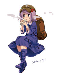 Rule 34 | 1girl, 2014, :o, backpack, bag, blue dress, blue eyes, blue footwear, boots, chabi (amedama), collared dress, cup, dated, dot nose, dress, drink, frills, full body, green hat, hair bobbles, hair ornament, hat, holding, holding cup, hot drink, invisible chair, kawashiro nitori, key, legs together, light purple hair, long sleeves, looking to the side, medium hair, mug, open mouth, pocket, rubber boots, simple background, sitting, solo, tareme, touhou, two side up, white background