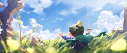 Rule 34 | 1boy, arms up, black hair, blue shirt, blue sky, blurry, blurry foreground, bojji, cape, cloud, commentary, crown, day, depth of field, english commentary, facing away, grass, green cape, highres, holding, holding sword, holding weapon, kage (ousama ranking), leaf, long sleeves, mini crown, mountain, orenji (orenjikunart), ousama ranking, outdoors, rock, ruins, running, scenery, shirt, short hair, sky, sword, tree, weapon