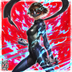 Rule 34 | 10s, 1girl, aura, black scarf, blue bodysuit, bodysuit, breasts, brown hair, clenched hands, clenched teeth, cowboy shot, dated, fighting stance, from side, highres, holding, holding weapon, ikeda (cpt), legs apart, looking at viewer, looking to the side, mask, medium breasts, niijima makoto, persona, persona 5, persona q2: new cinema labyrinth, persona q (series), red background, red eyes, scarf, short hair, simple background, solo, spikes, standing, teeth, weapon