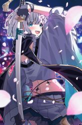 Rule 34 | 1girl, amopui, blue eyes, blurry, blurry background, blush, cherry blossoms, city lights, gloves, highres, kaga sumire, katana, looking at viewer, lupinus virtual games, night, official alternate costume, open mouth, scarf, sheath, silver hair, solo, sword, unsheathing, virtual youtuber, vspo!, weapon