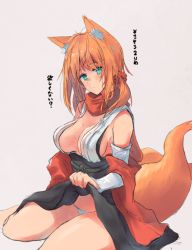 Rule 34 | 1girl, ahoge, animal ear fluff, animal ears, bare shoulders, blush, breasts, cleavage, closed mouth, clothes lift, commentary request, detached sleeves, fox ears, fox girl, fox tail, green eyes, hair ornament, hair ribbon, hair scrunchie, japanese clothes, kimono, large breasts, lifted by self, long sleeves, looking at viewer, medium hair, obi, orange hair, original, panties, pantyshot, red scarf, ribbon, sash, sawaya (mizukazu), scarf, scrunchie, simple background, sitting, skirt, skirt lift, solo, sweat, tail, translation request, underwear, white kimono, white panties, wide sleeves