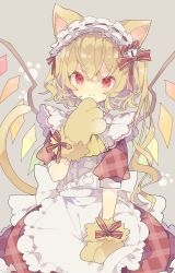 Rule 34 | 1girl, absurdres, adapted costume, alternate headwear, animal ears, animal hands, animal print, apron, blonde hair, blush, bow, bow hairband, cat ears, cat print, cat tail, closed mouth, commentary, crystal, diamond-shaped pupils, diamond (shape), dress, flandre scarlet, gloves, grey background, hair between eyes, hairband, hand on own chin, hand up, highres, kemonomimi mode, lolita hairband, looking at viewer, maid, nikorashi-ka, one side up, paw gloves, paw print, paw print background, puffy short sleeves, puffy sleeves, red bow, red dress, red eyes, red ribbon, ribbon, ribbon-trimmed hairband, sash, short hair, short sleeves, simple background, solo, symbol-shaped pupils, tail, touhou, white apron, white bow, white hairband, white sash, wings