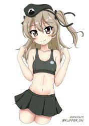 Rule 34 | 1girl, beret, black skirt, black sports bra, blush, breasts, brown eyes, clenched hands, closed mouth, collarbone, commentary, cowboy shot, cropped legs, dated, emblem, flipper, girls und panzer, groin, hat, japanese tankery league (emblem), light blush, light brown hair, long hair, looking at viewer, military hat, miniskirt, navel, one-hour drawing challenge, pleated skirt, selection university (emblem), selection university military uniform, shimada arisu, simple background, skirt, small breasts, smile, solo, sports bra, standing, twitter username, w arms, white background