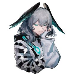 Rule 34 | 1girl, absurdres, aqua eyes, arknights, black jacket, chinese commentary, commentary request, cropped torso, fingerless gloves, gloves, grey hair, grey jacket, half-closed eyes, head wings, highres, ho&#039;olheyak (arknights), infection monitor (arknights), jacket, jsjdndhidnshssj, short hair, simple background, sketch, solo, white background, white gloves, wings