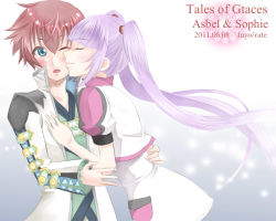 Rule 34 | 1boy, 1girl, :o, asbel lhant, bad id, bad pixiv id, blue eyes, blush, character name, coat, copyright name, couple, closed eyes, fuyou/rate, hetero, kiss, long hair, official alternate costume, open mouth, purple hair, red hair, skirt, smile, sophie (tales), surprised, tales of (series), tales of graces, twintails