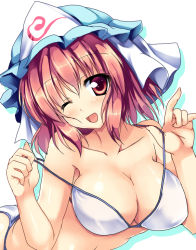 Rule 34 | 1girl, bikini, bikini pull, bikini top only, blush, bra, breasts, cleavage, clothes pull, female focus, hat, holding, large breasts, lingerie, one eye closed, open mouth, panties, pink eyes, pink hair, pulled by self, ryokushiki (midori-ya), saigyouji yuyuko, short hair, silhouette, simple background, smile, solo, strap pull, swimsuit, touhou, underwear, underwear only, undressing, wink