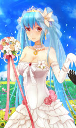 Rule 34 | 1girl, bad id, bad pixiv id, bare shoulders, blue hair, blush, bouquet, breasts, bridal veil, cleavage, dress, elbow gloves, flower, gloves, hair ornament, langod, large breasts, long hair, luthica preventer, red eyes, smile, sword girls, twintails, veil, wedding dress