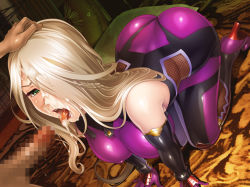 Rule 34 | 1boy, 1girl, all fours, blonde hair, blush, bodysuit, breasts, censored, cum, curvy, elbow gloves, facial, fellatio, gloves, green eyes, hetero, high heels, huge breasts, lilith-soft, long hair, open mouth, oral, penis, saliva, sano toshihide, shiny skin, taimanin (series), taimanin asagi, taimanin asagi kessen arena, tekkain kaworu (taimanin asagi battle arena), tongue, tongue out