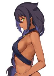 Rule 34 | 1girl, bare arms, bare shoulders, braid, breasts, commentary request, dark-skinned female, dark skin, from side, green eyes, hair flaps, highres, jahy, jahy-sama wa kujikenai!, konbu wakame, large breasts, long hair, looking at viewer, official art, parted lips, pointy ears, profile, sideboob, simple background, single braid, solo, upper body, very long hair, white background