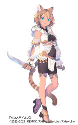 Rule 34 | 1girl, animal ear fluff, animal ears, blue eyes, breasts, brown hair, cat ears, cat girl, cat tail, character request, commentary request, copyright request, dagger, detached sleeves, dual wielding, enkyo yuuichirou, full body, high heels, highres, holding, holding dagger, holding knife, holding weapon, hood, hood down, jewelry, knife, looking at viewer, medium breasts, reverse grip, sandals, short hair, solo, standing, standing on one leg, tail, weapon, white background