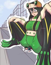 Rule 34 | 1boy, 1girl, asui tsuyu, boku no hero academia, breasts, cameltoe, cleft of venus, giant, giantess, large breasts, pinkkoffin, sitting, sitting on person, size difference, tagme