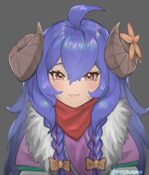 Rule 34 | 1girl, :3, ahoge, alternate eye color, alternate hair color, blue hair, blush, bow, braid, closed mouth, flower, fur (clothing), fur trim, grey background, hair between eyes, hair bow, highres, horn flower, horns, kindred (league of legends), lamb (league of legends), league of legends, long hair, myomu, official alternate costume, official alternate hairstyle, orange bow, orange flower, red eyes, side braid, simple background, solo, spirit blossom kindred, twin braids, twitter username, upper body