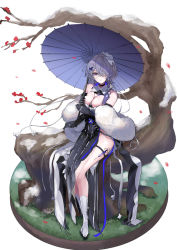 Rule 34 | 1girl, arknights, bare shoulders, bare tree, between breasts, black dress, black gloves, blue eyes, boots, breasts, cleavage, closed mouth, detached collar, dress, elbow gloves, faux figurine, full body, fur shawl, gloves, hair ornament, hair over one eye, holding, holding umbrella, knee boots, large breasts, long hair, looking at viewer, maria (syake-uni), official art, oil-paper umbrella, one eye covered, pelvic curtain, petals, shawl, silver hair, simple background, sitting, snow, solo, syringe, thigh strap, tree, umbrella, very long hair, whisperain (arknights), whisperain (tremble cold) (arknights), white background, white footwear, x hair ornament