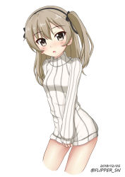 Rule 34 | 10s, 1girl, black bow, black hairband, blush, bow, breasts, brown eyes, brown hair, cropped legs, dated, flipper, girls und panzer, hair between eyes, hair bow, hairband, leaning forward, long hair, long sleeves, one side up, ribbed sweater, shimada arisu, simple background, sleeves past wrists, small breasts, sweater, twitter username, white background, white sweater
