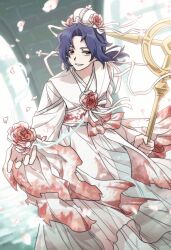 Rule 34 | 1boy, adapted costume, bbunny, blood, blue hair, chesed (project moon), crown, dress, flower, hair flower, hair ornament, hair ribbon, hanbok, holding, holding staff, korean clothes, library of ruina, long sleeves, looking at viewer, ozma (project moon), parted lips, project moon, ribbon, rose, short ponytail, smile, solo, staff, upper body, white dress, white hanbok, white ribbon, wide sleeves, yellow eyes