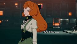 Rule 34 | 1girl, 3d, alternate hair length, alternate hairstyle, android, animated, bow, breasts, green eyes, happy, long hair, orange hair, penny polendina, ribbon, rwby, smile, solo, spoilers