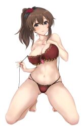 Rule 34 | 1girl, blue eyes, bra, breasts, brown hair, gem, gluteal fold, hand on own chest, highres, idolmaster, idolmaster million live!, junkun148, kneeling, lace, lace-trimmed bra, lace-trimmed panties, lace trim, large breasts, lingerie, looking at viewer, multi-strapped panties, nail polish, navel, open bra, panties, parted lips, ponytail, red bra, red nails, red panties, satake minako, simple background, skindentation, solo, string panties, thighs, toenail polish, toenails, underwear, underwear only, white background