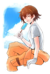 Rule 34 | 1girl, ^ ^, brown hair, closed eyes, closed mouth, cloud, cropped legs, facing viewer, food, freckles, girls und panzer, gloves, grey gloves, highres, holding, holding food, invisible chair, jumpsuit, jumpsuit around waist, mimoe, orange jumpsuit, oshida (girls und panzer), popsicle, shirt, short hair, short sleeves, simple background, sitting, sky, smile, solo, tongue, tongue out, tsuchiya (girls und panzer), white shirt