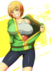 Rule 34 | 1girl, :d, alternate breast size, atlus, bike shorts, breasts, brown eyes, brown hair, cameltoe, collarbone, covered erect nipples, eyebrows, jacket, large breasts, long sleeves, midriff, open mouth, persona, persona 4, satonaka chie, short hair, shorts, simple background, smile, solo, sports bra, standing, sunahara wataru, teeth, tomboy, track jacket, undressing, unzipped, zipper