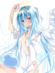 Rule 34 | 1girl, 1other, androgynous, angel, angel wings, arm above head, arm up, blue hair, blush, expressionless, feathered wings, feathers, fictional persona, from side, glowing, hair between eyes, halo, hand on own chest, hand up, head tilt, highres, holding halo, kuudere, light blush, long hair, looking at viewer, raphael (tensei shitara slime datta ken), red eyes, rimuru tempest, robe, simple background, slime (creature), tensei shitara slime datta ken, very long hair, white background, white feathers, white robe, white wings, wings