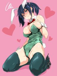 Rule 34 | 10s, 1girl, blue eyes, blue hair, blush, bow, bowtie, breasts, ear blush, full body, high heels, huge breasts, kantai collection, leotard, looking at viewer, matching hair/eyes, playboy bunny, rabbit tail, shiny skin, short hair, simple background, solo, souryuu (kancolle), squiggle, tail, tears, thighhighs, twintails, ulrich (tagaragakuin), wrist cuffs