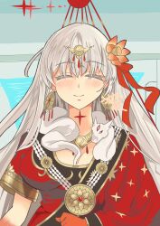 Rule 34 | 1girl, asymmetrical sleeves, blush, body markings, breasts, circlet, cleavage, closed eyes, colored skin, dress, durga (fate), earrings, fate/grand order, fate (series), flower, gold trim, gradient skin, grey hair, hair flower, hair ornament, hair ribbon, highres, indian clothes, jewelry, large breasts, long hair, muranakaya gin, necklace, red dress, red skin, ribbon, sari, smile, snake, solo, very long hair