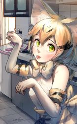 Rule 34 | 1girl, :p, absurdres, animal ear fluff, animal ears, bare shoulders, blonde hair, bow, bowtie, cat ears, cat girl, commentary request, elbow gloves, extra ears, gloves, green eyes, hair between eyes, hand up, high-waist skirt, highres, indoors, kemono friends, kitchen, looking at viewer, multicolored hair, paw pose, print bow, print gloves, print skirt, printer, sand cat (kemono friends), sand cat print, shirt, signature, skirt, sleeveless, sleeveless shirt, solo, tile floor, tiles, tongue, tongue out, two-tone hair, welt (kinsei koutenkyoku), white shirt