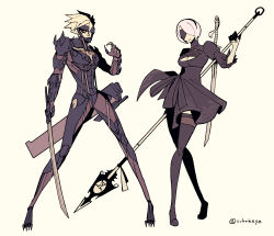 Rule 34 | 1boy, 1girl, absurdres, black blindfold, black dress, black thighhighs, blindfold, breasts, cleavage, covered eyes, crossover, cyborg, dress, highres, holding, holding polearm, holding sword, holding weapon, lance, medium breasts, metal gear (series), metal gear rising: revengeance, nier (series), nier:automata, one eye covered, open hand, polearm, raiden (metal gear), red eyes, subakeye, sword, thighhighs, weapon, white hair, yellow background, 2b (nier:automata), zettai ryouiki