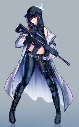 Rule 34 | 1girl, absurdres, armband, assault rifle, bare shoulders, baseball cap, black gloves, black hair, black hat, black pants, black shirt, blue archive, blue eyes, boots, closed mouth, coat, commission, commissioner upload, crop top, cross-laced footwear, foregrip, full body, gloves, gun, halo, hat, highres, knife sheath, lace-up boots, long hair, looking at viewer, midriff, off shoulder, pants, rifle, saori (blue archive), scope, sheath, shirt, sleeveless, sleeveless shirt, smile, solo, standing, stomach, weapon, white coat, yuutama2804